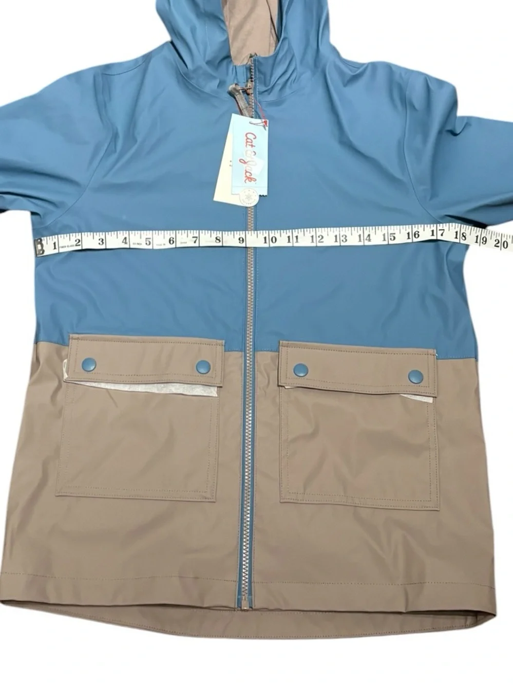 Cat & Jack Two-Tone Hooded Raincoat - Light Blue & Beige, Size YL (10-12) NEW